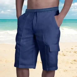 Sale OUKU Men's Cargo Shorts Shorts Linen Shorts Summer Shorts Beach Shorts Drawstring Elastic Waist Multi Pocket Plain Knee Length Beach Hawaiian Casual Black White Inelastic