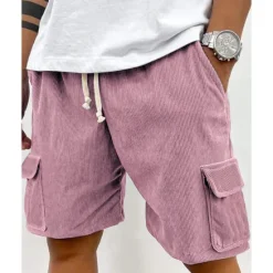 Online OUKU Men's Cargo Shorts Shorts Summer Shorts Corduroy Shorts Drawstring Elastic Waist Multi Pocket Plain Comfort Wearable Knee Length Outdoor Sport Daily Fashion Casual Black Light Green