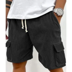 Online OUKU Men's Cargo Shorts Shorts Summer Shorts Corduroy Shorts Drawstring Elastic Waist Multi Pocket Plain Comfort Wearable Knee Length Outdoor Sport Daily Fashion Casual Black Light Green