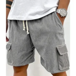Online OUKU Men's Cargo Shorts Shorts Summer Shorts Corduroy Shorts Drawstring Elastic Waist Multi Pocket Plain Comfort Wearable Knee Length Outdoor Sport Daily Fashion Casual Black Light Green