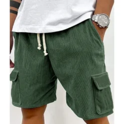 Online OUKU Men's Cargo Shorts Shorts Summer Shorts Corduroy Shorts Drawstring Elastic Waist Multi Pocket Plain Comfort Wearable Knee Length Outdoor Sport Daily Fashion Casual Black Light Green