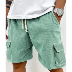 Online OUKU Men's Cargo Shorts Shorts Summer Shorts Corduroy Shorts Drawstring Elastic Waist Multi Pocket Plain Comfort Wearable Knee Length Outdoor Sport Daily Fashion Casual Black Light Green
