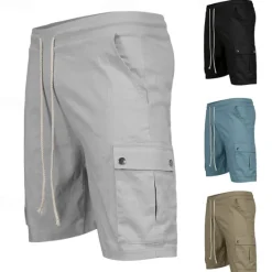 New OUKU Men's Cargo Shorts Shorts Linen Shorts Summer Shorts Beach Shorts Drawstring Elastic Waist Multi Pocket Plain Comfort Breathable Knee Length Outdoor Daily Going out Fashion Classic Style Black Sky