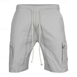 New OUKU Men's Cargo Shorts Shorts Linen Shorts Summer Shorts Beach Shorts Drawstring Elastic Waist Multi Pocket Plain Comfort Breathable Knee Length Outdoor Daily Going out Fashion Classic Style Black Sky