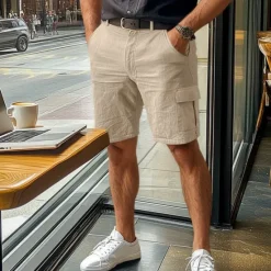 Best OUKU Men's Cargo Shorts Shorts Linen Shorts Summer Shorts Pocket Plain Comfort Breathable Business Daily Business Casual White Navy Blue