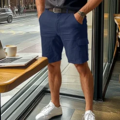 Best OUKU Men's Cargo Shorts Shorts Linen Shorts Summer Shorts Pocket Plain Comfort Breathable Business Daily Business Casual White Navy Blue