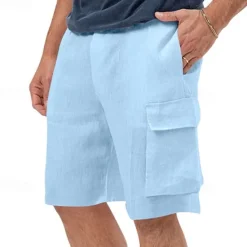 Hot OUKU Men's Cargo Shorts Shorts Linen Shorts Summer Shorts Beach Shorts Drawstring Elastic Waist Multi Pocket Plain Comfort Breathable Knee Length Outdoor Daily Going out Classic Style Casual Black White