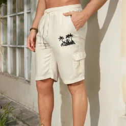 OUKU Men's Cargo Shorts Summer Shorts Drawstring Elastic Waist Print Coconut Tree Graphic Prints Breathable Soft Short Casual Daily Holiday Streetwear Khaki