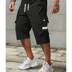 Hot OUKU Men's Cargo Shorts Summer Shorts Capri shorts Drawstring Elastic Waist Multi Pocket Plain Comfort Wearable Calf-Length Outdoor Sport Daily Fashion Casual Black Khaki
