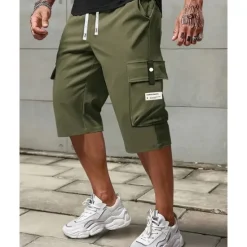 Hot OUKU Men's Cargo Shorts Summer Shorts Capri shorts Drawstring Elastic Waist Multi Pocket Plain Comfort Wearable Calf-Length Outdoor Sport Daily Fashion Casual Black Khaki
