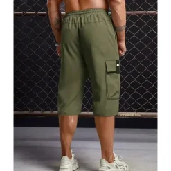 Hot OUKU Men's Cargo Shorts Summer Shorts Capri shorts Drawstring Elastic Waist Multi Pocket Plain Comfort Wearable Calf-Length Outdoor Sport Daily Fashion Casual Black Khaki