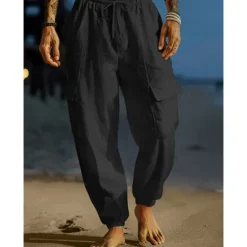 Clearance OUKU Men's Cargo Trousers Linen Pants Summer Pants Beach Pants Drawstring Elastic Waist Multi Pocket Plain Comfort Breathable Full Length Outdoor Daily Holiday Vacation Fashion Black White