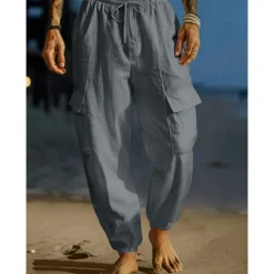 Clearance OUKU Men's Cargo Trousers Linen Pants Summer Pants Beach Pants Drawstring Elastic Waist Multi Pocket Plain Comfort Breathable Full Length Outdoor Daily Holiday Vacation Fashion Black White