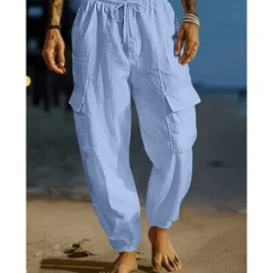 Clearance OUKU Men's Cargo Trousers Linen Pants Summer Pants Beach Pants Drawstring Elastic Waist Multi Pocket Plain Comfort Breathable Full Length Outdoor Daily Holiday Vacation Fashion Black White