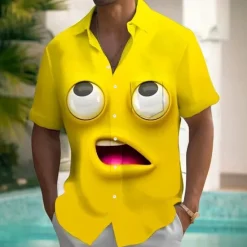 OUKU Men's Cartoon Funny Smile Face Shirt Summer Shirt Button Up Shirt Short Sleeve Fashion Casual Outdoor Vacation Dailywear Summer Spring Turndown 3D Print Collared Shirts Front One Pocket Yellow Blue
