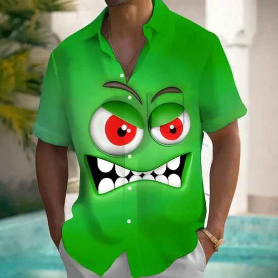 OUKU Men's Cartoon Funny Smile Face Shirt Summer Shirt Button Up Shirt Short Sleeve Fashion Casual Outdoor Vacation Dailywear Summer Spring Turndown 3D Print Collared Shirts Front One Pocket Yellow Blue