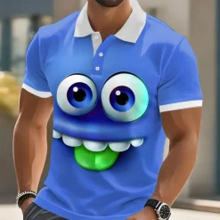 Clearance OUKU Men's Cartoon Funny Smile Face Polo Short Sleeve Polo Shirts Lapel Ugly Casual Resort Outdoor Street Gift Athleisure 3D Print Buttons Summer Black Blue Purple