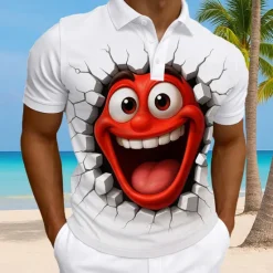 Clearance OUKU Men's Cartoon Funny Smile Face Polo Short Sleeve Polo Shirts Collared Shirts Casual Athleisure Daily Wear 3D Print Buttons Summer Yellow Red Blue