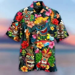 Clearance OUKU Men's Cartoon Mask Tropical Plants Summer Hawaiian Shirt Camp Collar Shirt Aloha Shirt Short Sleeve Shirt Turndown Fashion Hawaiian Designer Outdoor Street Casual Yellow Red Blue S M L