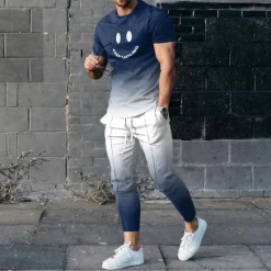 Sale OUKU Men's Cartoon 2pcs Tees sets Tee Top Short Sleeve Long pants Crew Neck Sport Designer Casual Outdoor Vacation Daily 3D Print Spring & Summer Blue