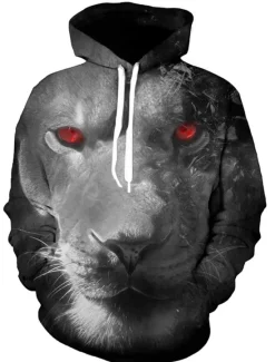 Discount OUKU Men's Cartoon Wolf 3D Hoodie Hoodies Sweatshirt Basic Casual Long Sleeve Hooded Black And White Black-White Summer Spring Designer