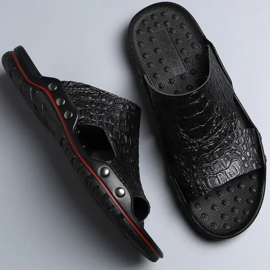Hot OUKU Men's Casual Brown Slide Sandals with Crocodile Pattern and Durable Rubber Sole – Comfortable Outdoor Footwear for Summer, Beach and Daily Wear