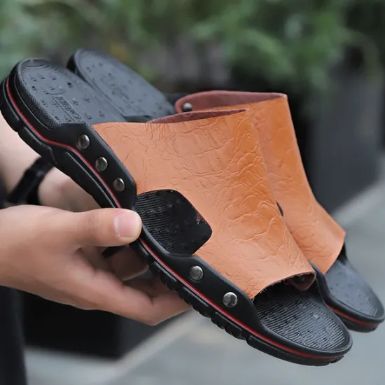Hot OUKU Men's Casual Brown Slide Sandals with Crocodile Pattern and Durable Rubber Sole – Comfortable Outdoor Footwear for Summer, Beach and Daily Wear