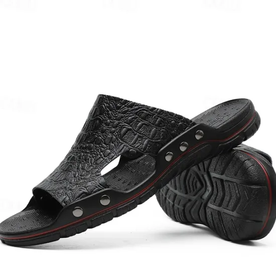 Hot OUKU Men's Casual Brown Slide Sandals with Crocodile Pattern and Durable Rubber Sole – Comfortable Outdoor Footwear for Summer, Beach and Daily Wear