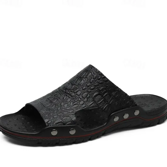 Hot OUKU Men's Casual Brown Slide Sandals with Crocodile Pattern and Durable Rubber Sole – Comfortable Outdoor Footwear for Summer, Beach and Daily Wear