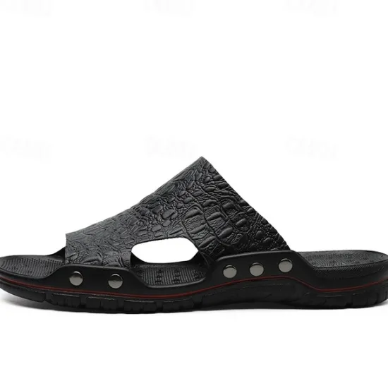 Hot OUKU Men's Casual Brown Slide Sandals with Crocodile Pattern and Durable Rubber Sole – Comfortable Outdoor Footwear for Summer, Beach and Daily Wear