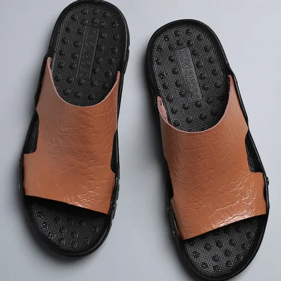 Hot OUKU Men's Casual Brown Slide Sandals with Crocodile Pattern and Durable Rubber Sole – Comfortable Outdoor Footwear for Summer, Beach and Daily Wear