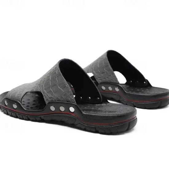 Hot OUKU Men's Casual Brown Slide Sandals with Crocodile Pattern and Durable Rubber Sole – Comfortable Outdoor Footwear for Summer, Beach and Daily Wear