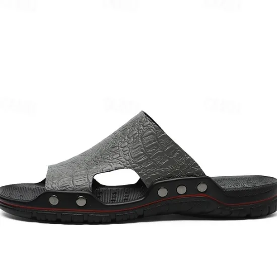 Hot OUKU Men's Casual Brown Slide Sandals with Crocodile Pattern and Durable Rubber Sole – Comfortable Outdoor Footwear for Summer, Beach and Daily Wear