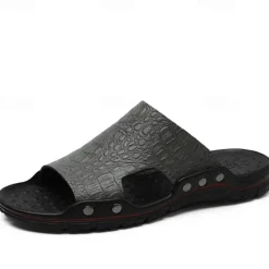 Hot OUKU Men's Casual Brown Slide Sandals with Crocodile Pattern and Durable Rubber Sole – Comfortable Outdoor Footwear for Summer, Beach and Daily Wear