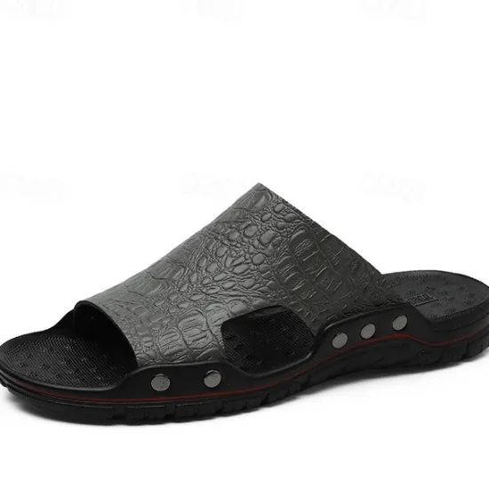 Hot OUKU Men's Casual Brown Slide Sandals with Crocodile Pattern and Durable Rubber Sole – Comfortable Outdoor Footwear for Summer, Beach and Daily Wear