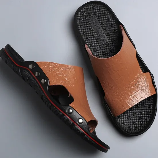 Hot OUKU Men's Casual Brown Slide Sandals with Crocodile Pattern and Durable Rubber Sole – Comfortable Outdoor Footwear for Summer, Beach and Daily Wear