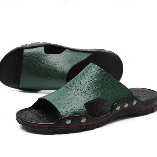 Hot OUKU Men's Casual Brown Slide Sandals with Crocodile Pattern and Durable Rubber Sole – Comfortable Outdoor Footwear for Summer, Beach and Daily Wear