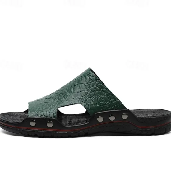 Hot OUKU Men's Casual Brown Slide Sandals with Crocodile Pattern and Durable Rubber Sole – Comfortable Outdoor Footwear for Summer, Beach and Daily Wear