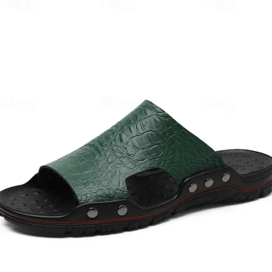 Hot OUKU Men's Casual Brown Slide Sandals with Crocodile Pattern and Durable Rubber Sole – Comfortable Outdoor Footwear for Summer, Beach and Daily Wear