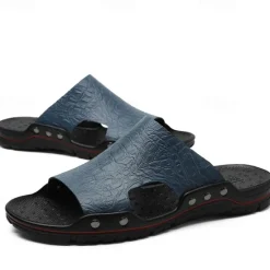 Hot OUKU Men's Casual Brown Slide Sandals with Crocodile Pattern and Durable Rubber Sole – Comfortable Outdoor Footwear for Summer, Beach and Daily Wear