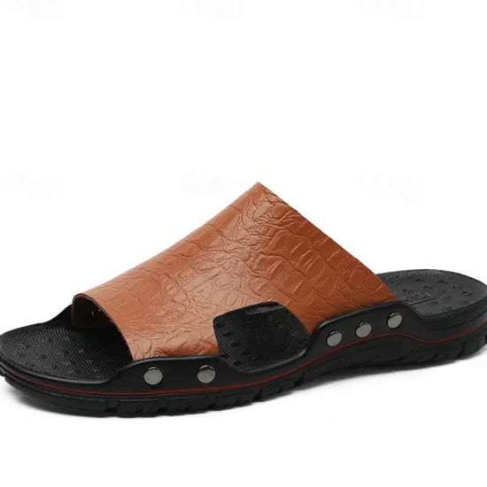 Hot OUKU Men's Casual Brown Slide Sandals with Crocodile Pattern and Durable Rubber Sole – Comfortable Outdoor Footwear for Summer, Beach and Daily Wear