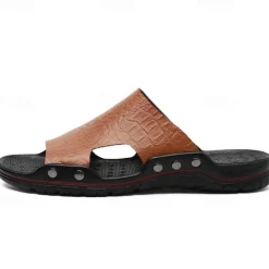 Hot OUKU Men's Casual Brown Slide Sandals with Crocodile Pattern and Durable Rubber Sole – Comfortable Outdoor Footwear for Summer, Beach and Daily Wear