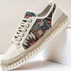 Sale OUKU Men's Casual Canvas Sneakers with Tribal Print and Jute Rope Sole – Comfortable Everyday Footwear