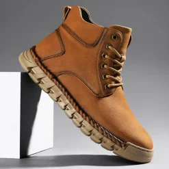 Sale OUKU Men's Casual Faux Leather Ankle Boots - Lightweight Brown Lace-Up with Durable Flexible Sole for Outdoor and Everyday Wear