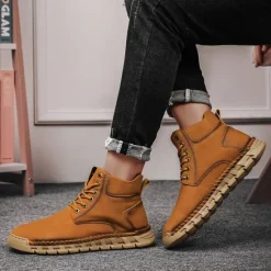 Sale OUKU Men's Casual Faux Leather Ankle Boots - Lightweight Brown Lace-Up with Durable Flexible Sole for Outdoor and Everyday Wear
