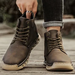 Sale OUKU Men's Casual Faux Leather Ankle Boots - Lightweight Brown Lace-Up with Durable Flexible Sole for Outdoor and Everyday Wear