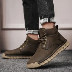 Sale OUKU Men's Casual Faux Leather Ankle Boots - Lightweight Brown Lace-Up with Durable Flexible Sole for Outdoor and Everyday Wear