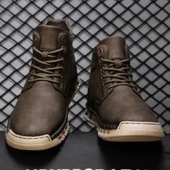 Sale OUKU Men's Casual Faux Leather Ankle Boots - Lightweight Brown Lace-Up with Durable Flexible Sole for Outdoor and Everyday Wear