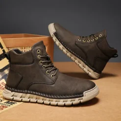 Sale OUKU Men's Casual Faux Leather Ankle Boots - Lightweight Brown Lace-Up with Durable Flexible Sole for Outdoor and Everyday Wear