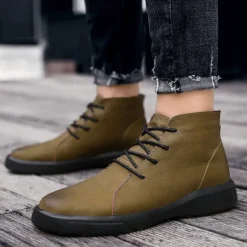 Online OUKU Men's Casual Faux Leather Ankle Boots with Lace-Up Design, Comfortable Non-Slip Sole, Perfect for Everyday Wear and Outdoor Activities